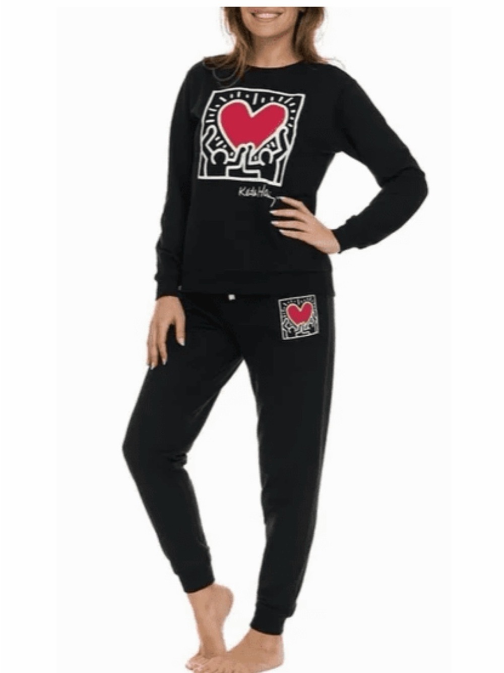 Keith Haring Black Sweatshirt & Jogger Set Heart Graphic Size S
